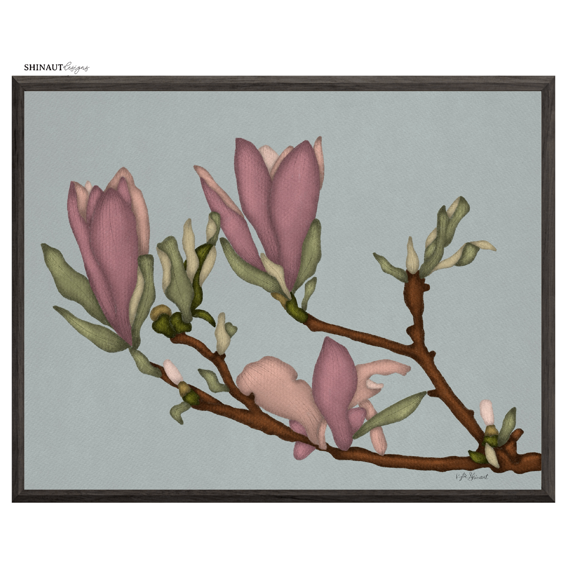 magnolia branch art print in black picture frames