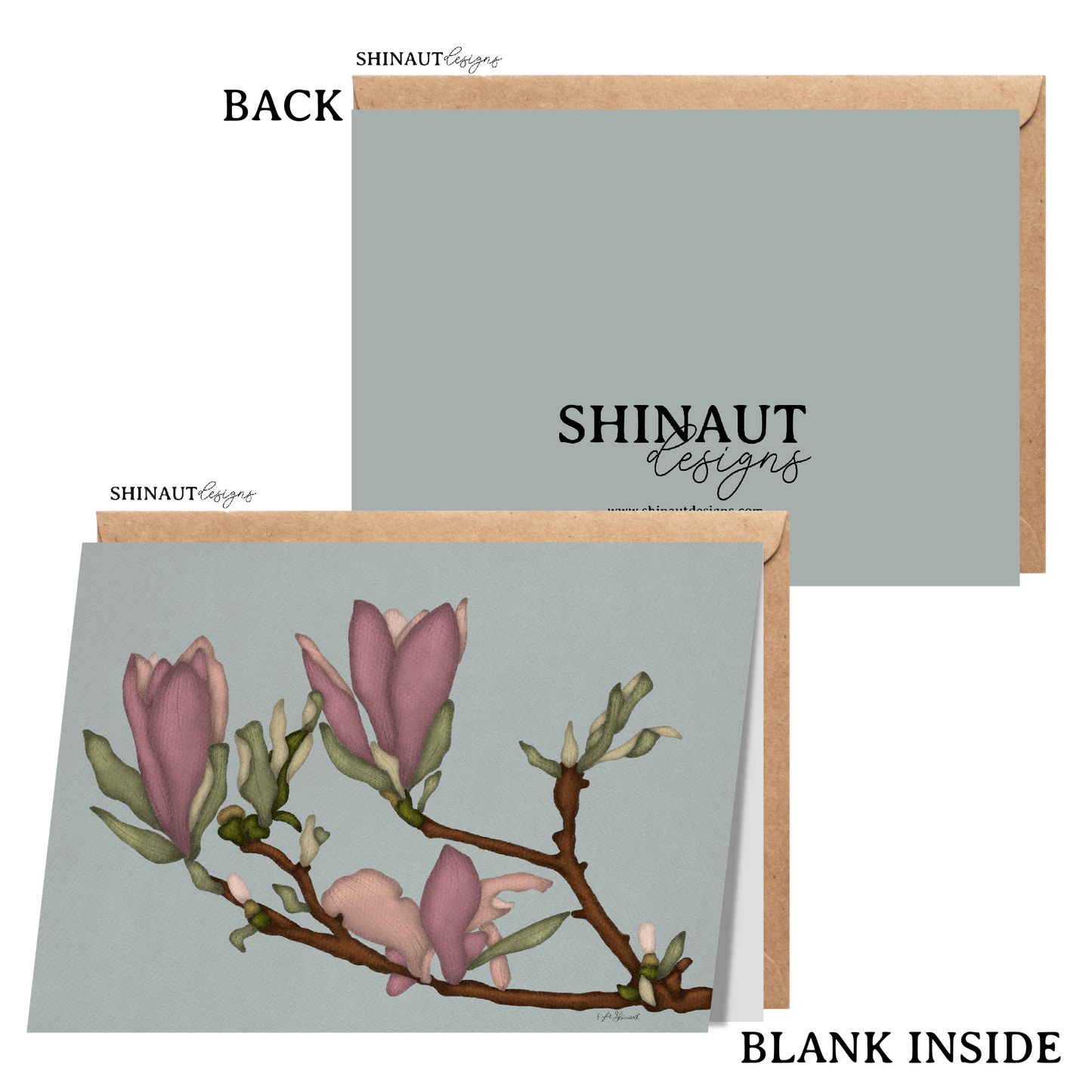 magnolia branch greeting card with kraft envelope showing front, inside and back of card