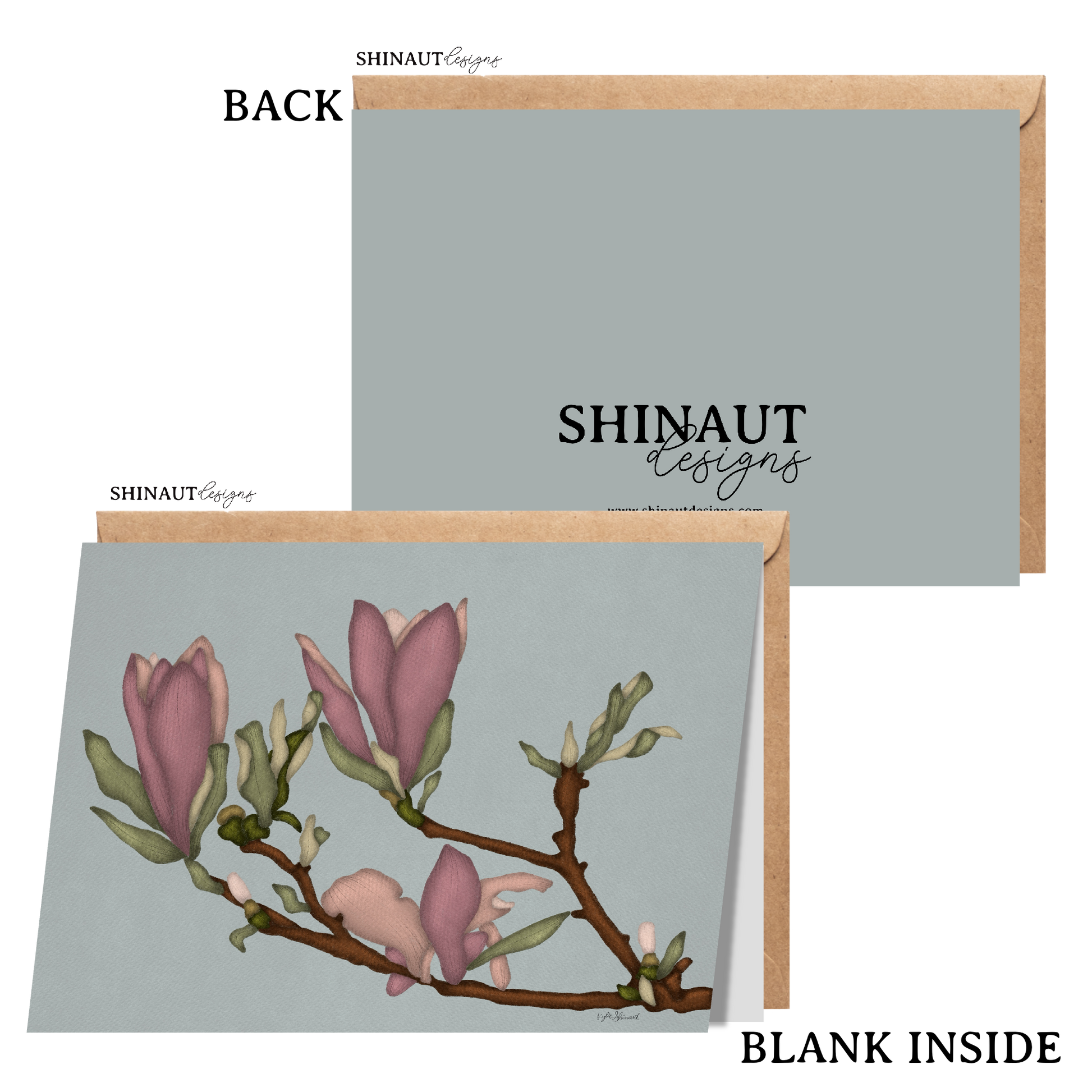 magnolia branch greeting card with kraft envelope showing front, inside and back of card