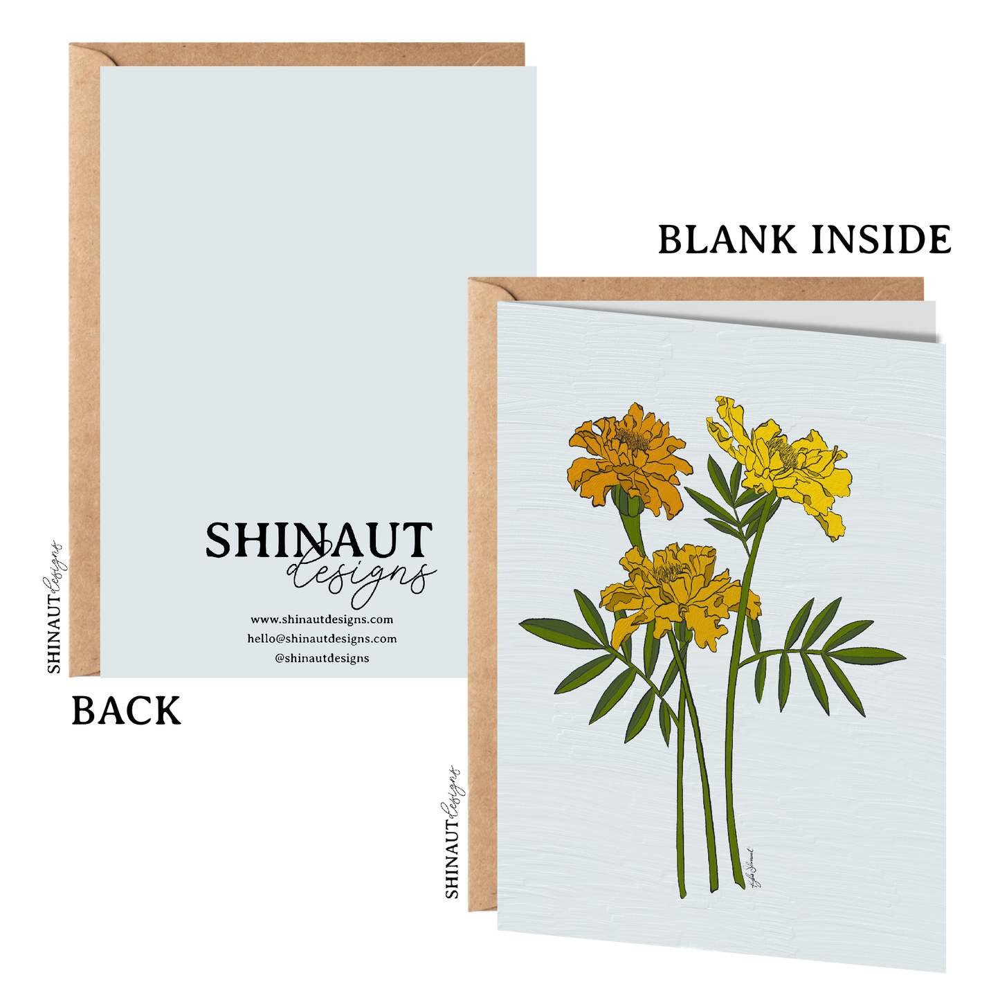 marigold greeting card with kraft envelope showing front, inside and back of card