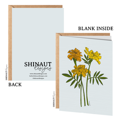 marigold greeting card with kraft envelope showing front, inside and back of card