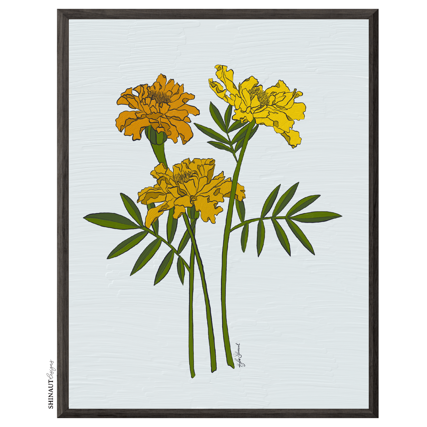 marigolds art print in black picture frames