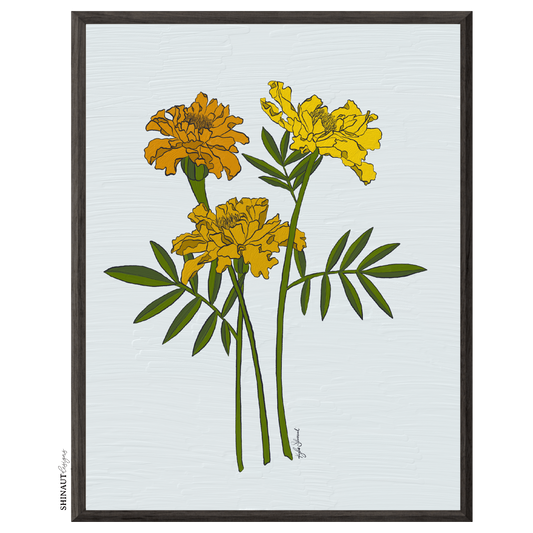 marigolds art print in black picture frames