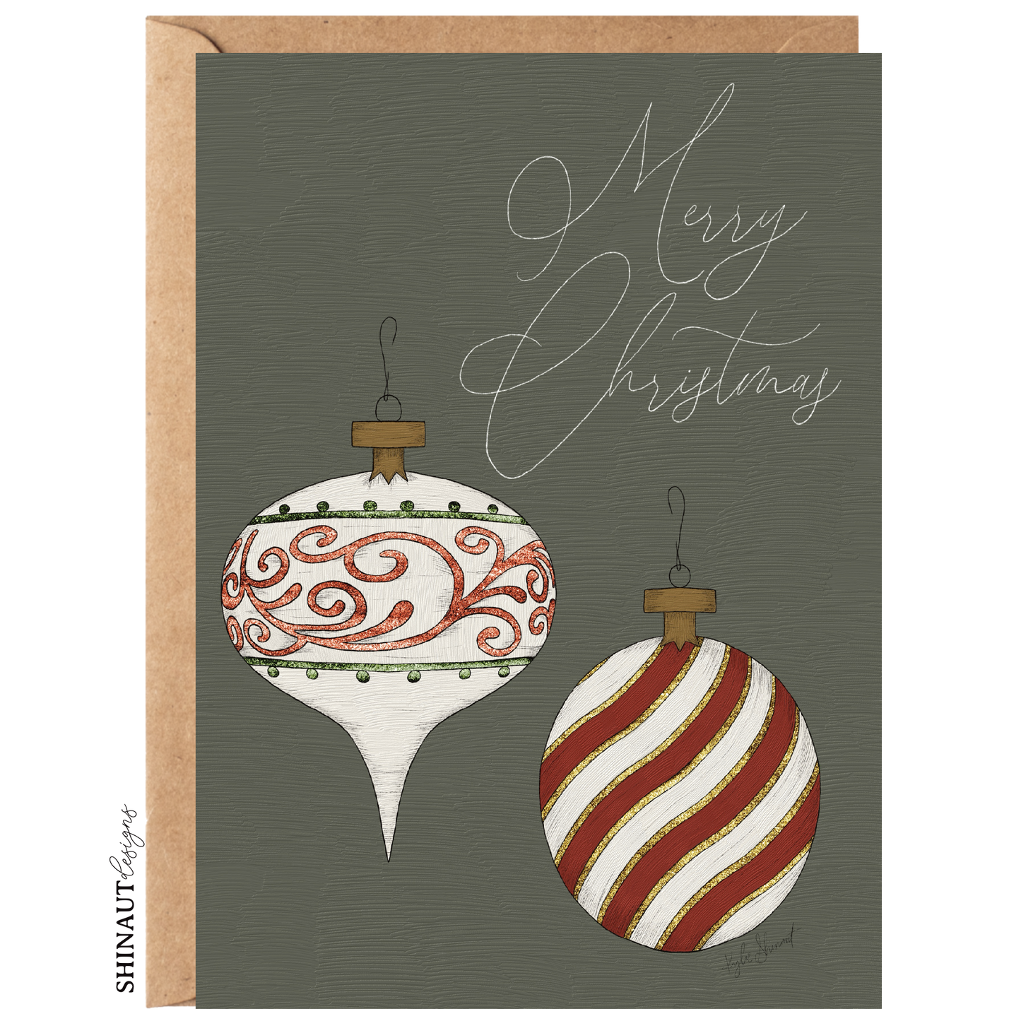 merry christmas ornaments greeting card with kraft envelope