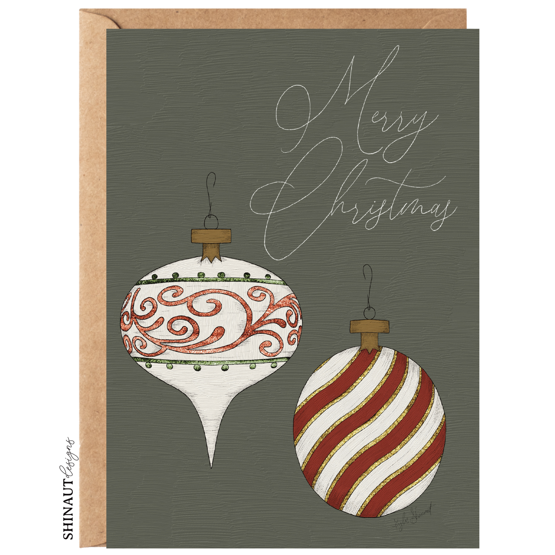 merry christmas ornaments greeting card with kraft envelope