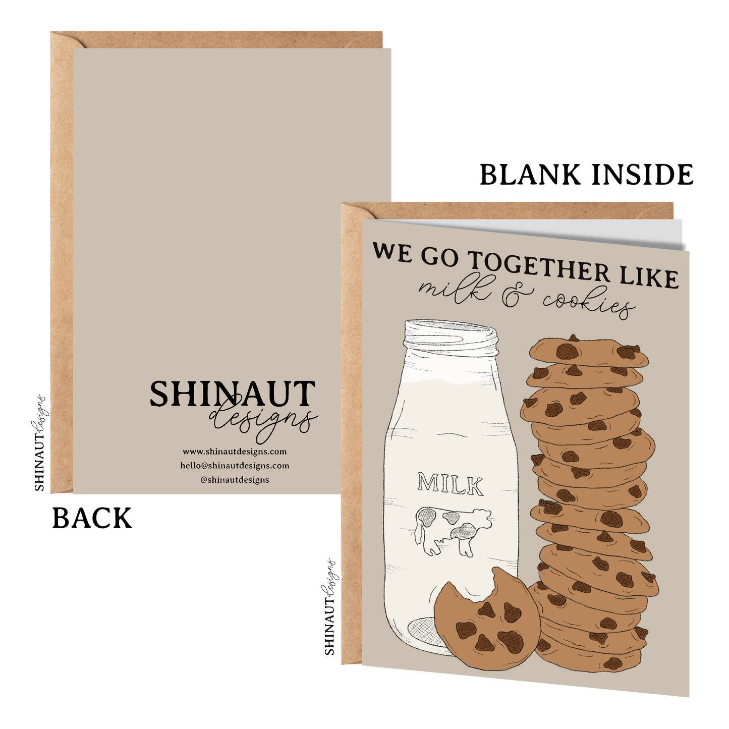 milk and cookies greeting card with kraft envelope showing front, inside and back of card