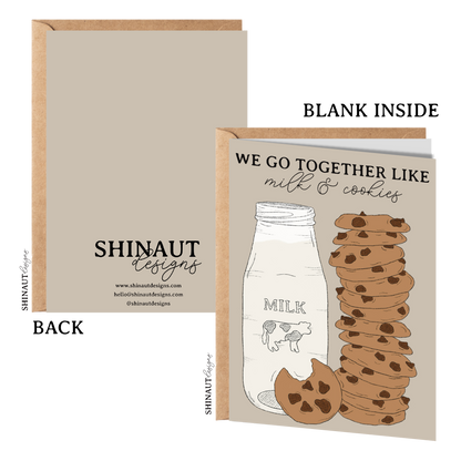 milk and cookies greeting card with kraft envelope showing front, inside and back of card