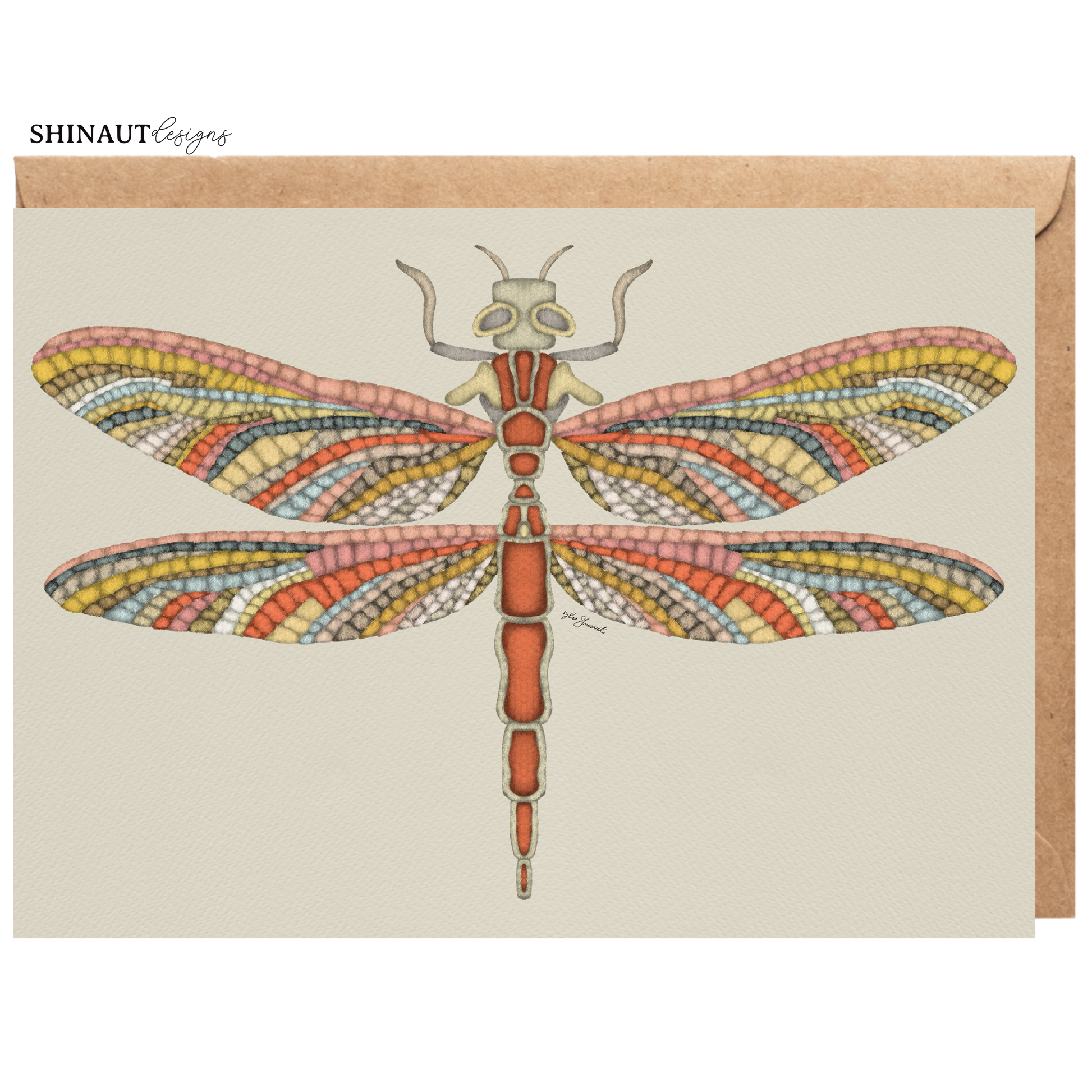 mosaic dragonfly greeting card with kraft envelope