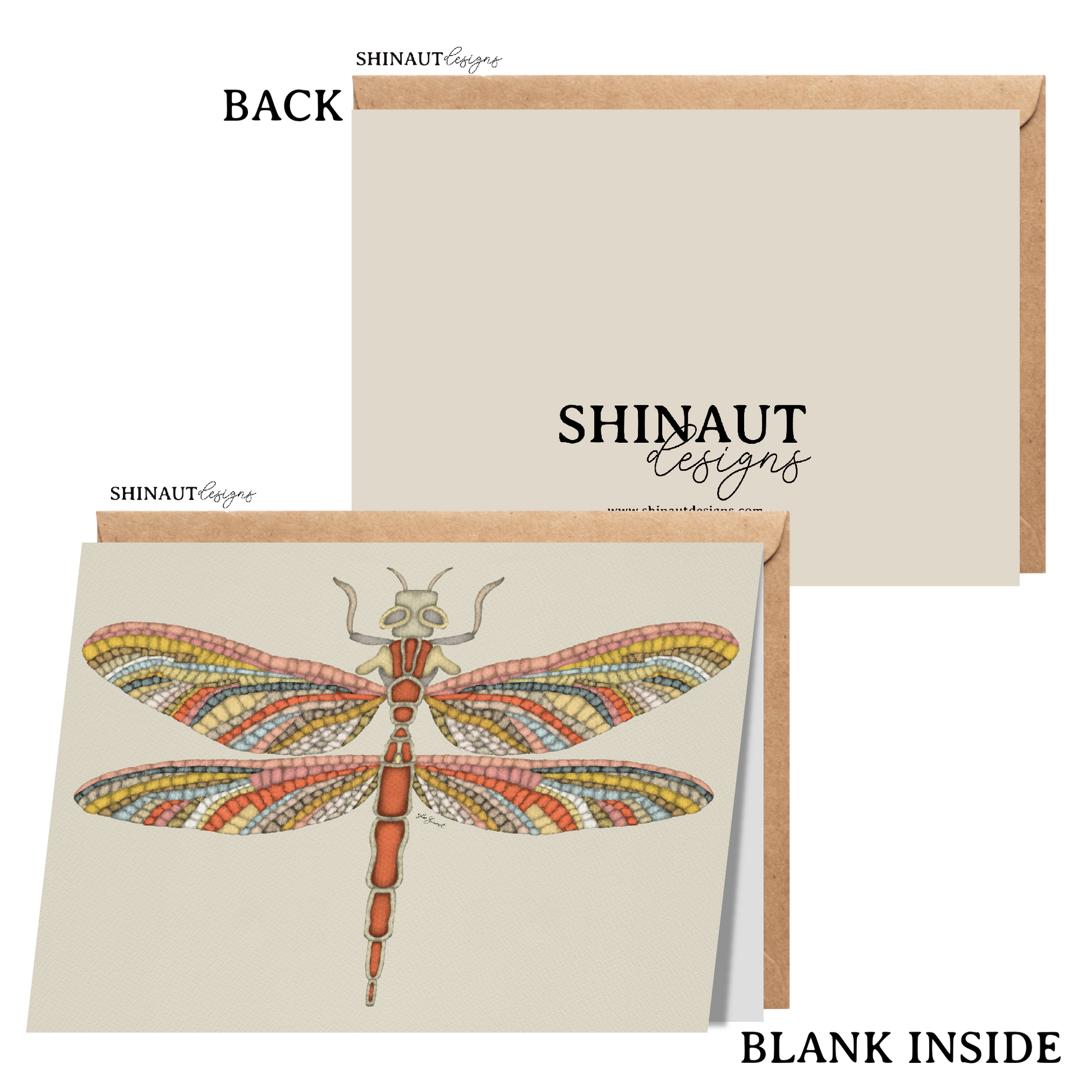 mosaic dragonfly greeting card with kraft envelope showing front, inside and back of card