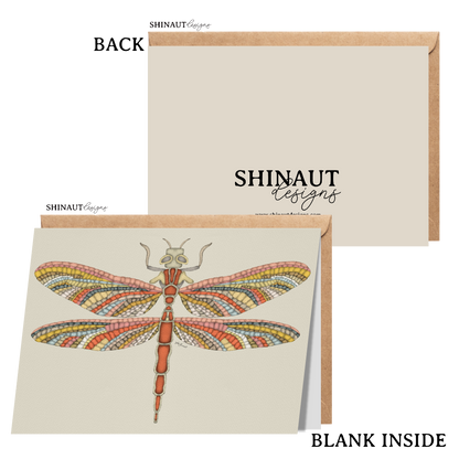 mosaic dragonfly greeting card with kraft envelope showing front, inside and back of card