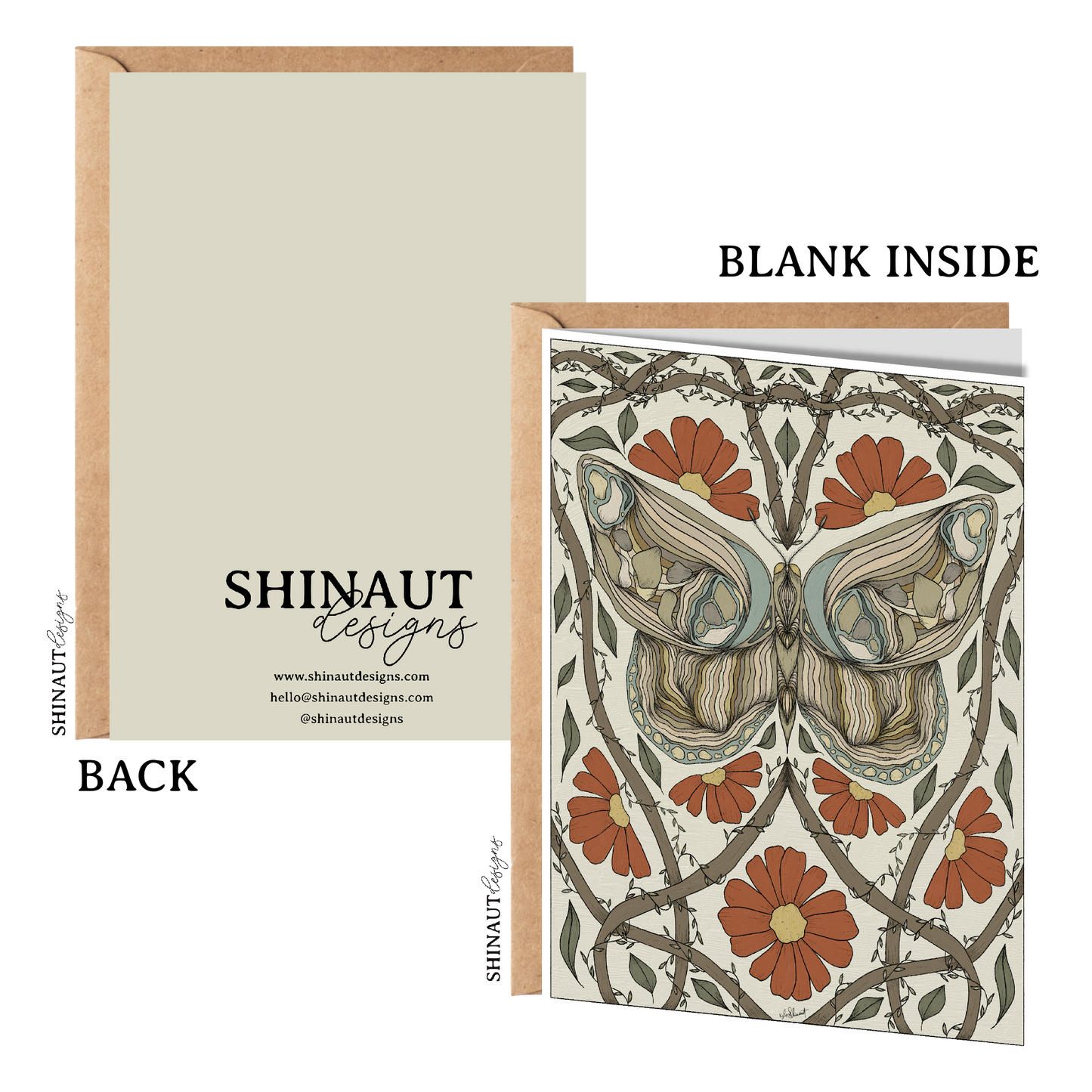 moth nouveau greeting card with kraft envelope showing front, inside and back of card