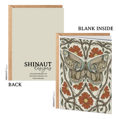 moth nouveau greeting card with kraft envelope showing front, inside and back of card