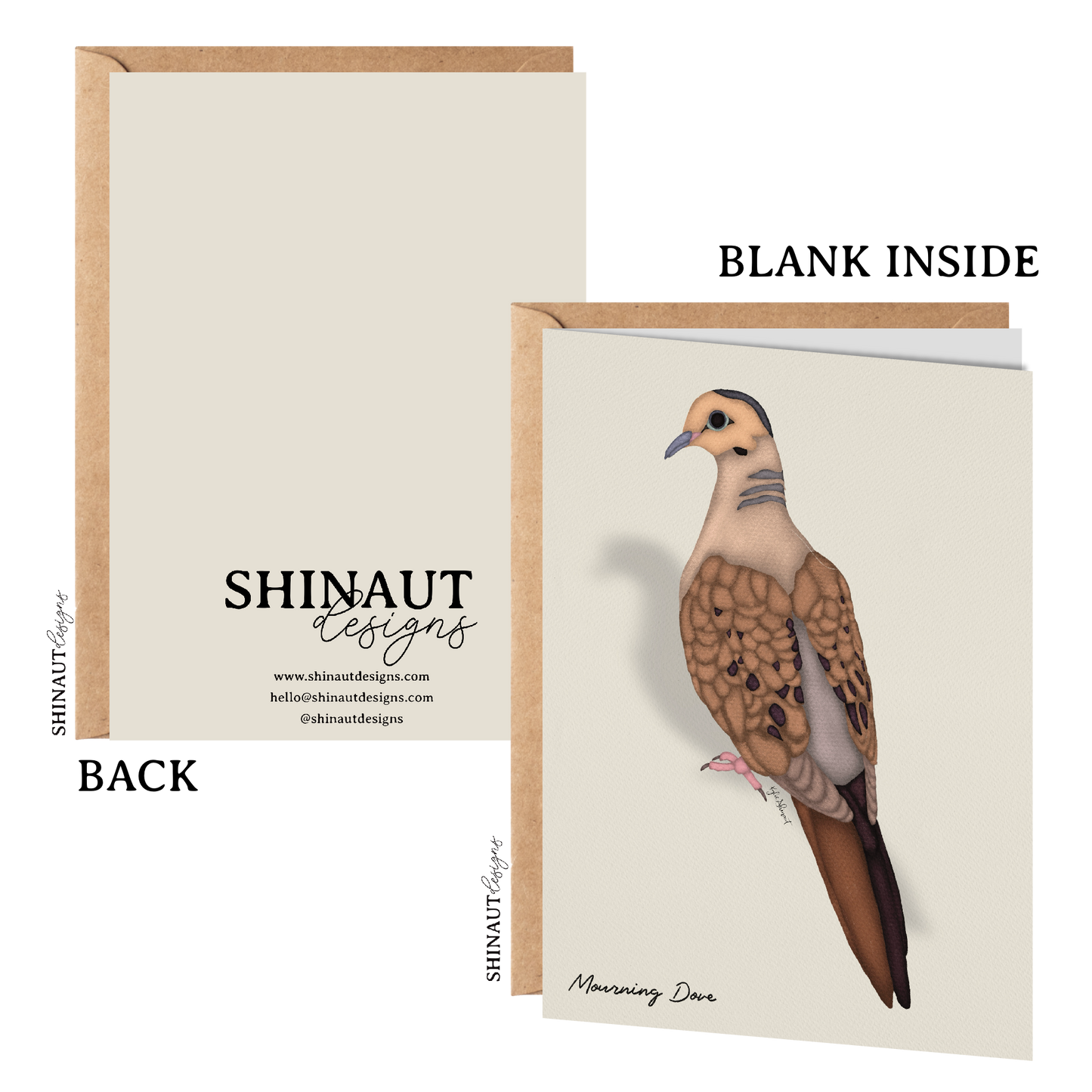 mourning dove greeting card with kraft envelope showing front, inside and back of card