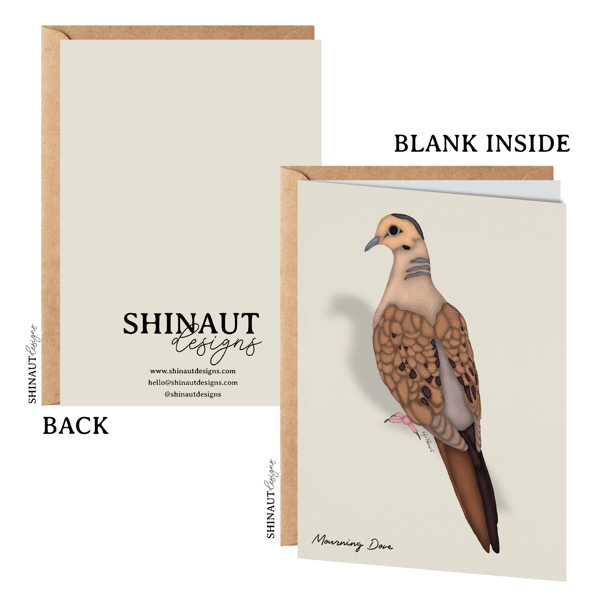 mourning dove greeting card with kraft envelope showing front, inside and back of card