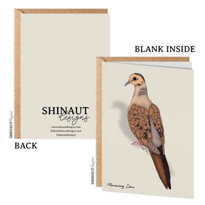 mourning dove greeting card with kraft envelope showing front, inside and back of card