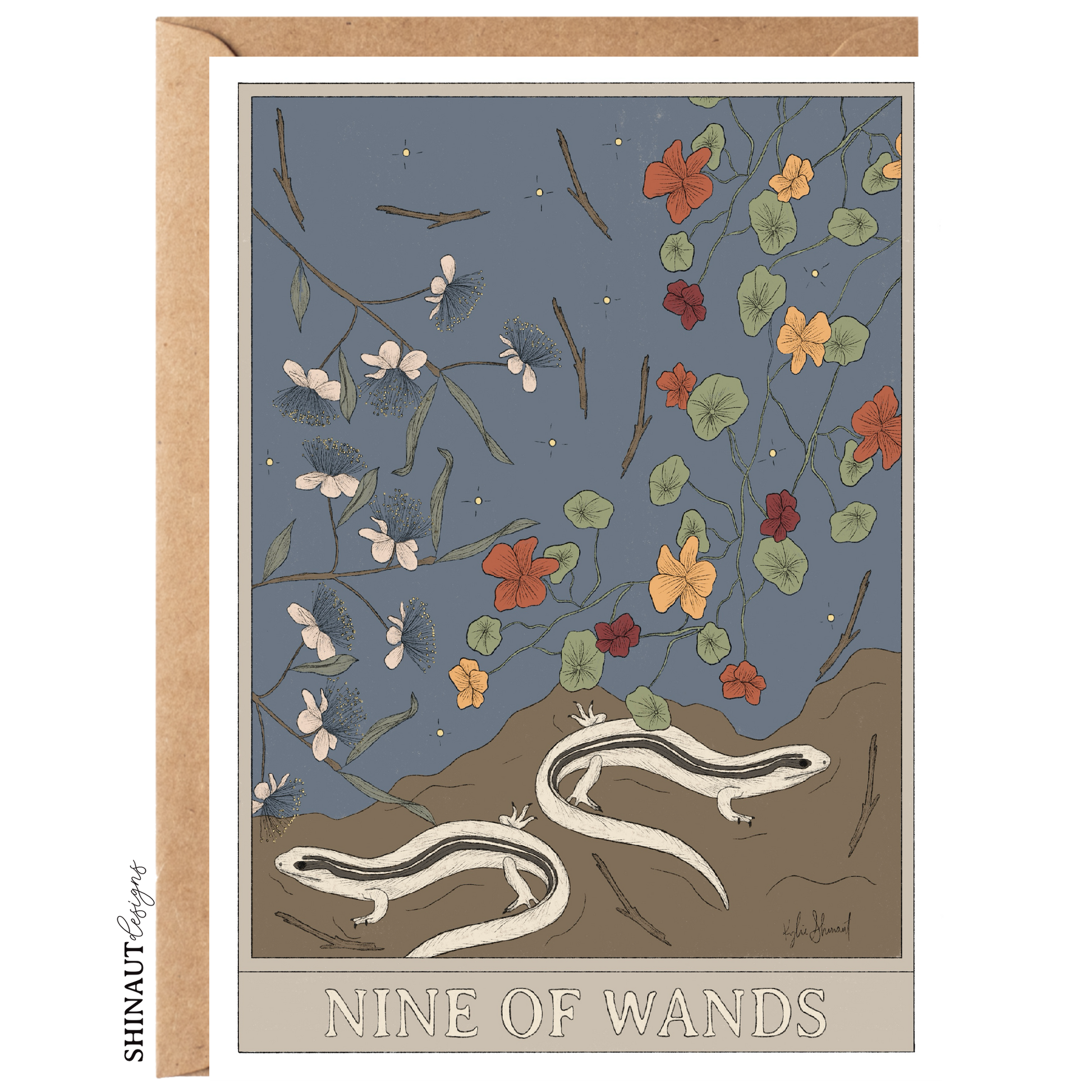 nine of wands tarot greeting card with kraft envelope