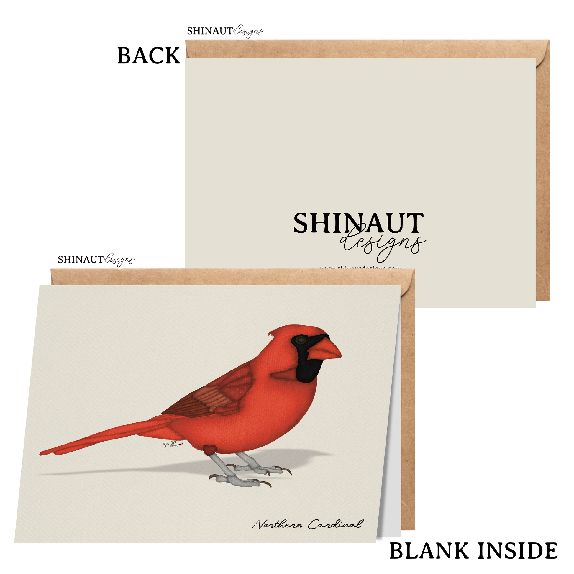 northern cardinal greeting card with kraft envelope showing front, inside and back of card