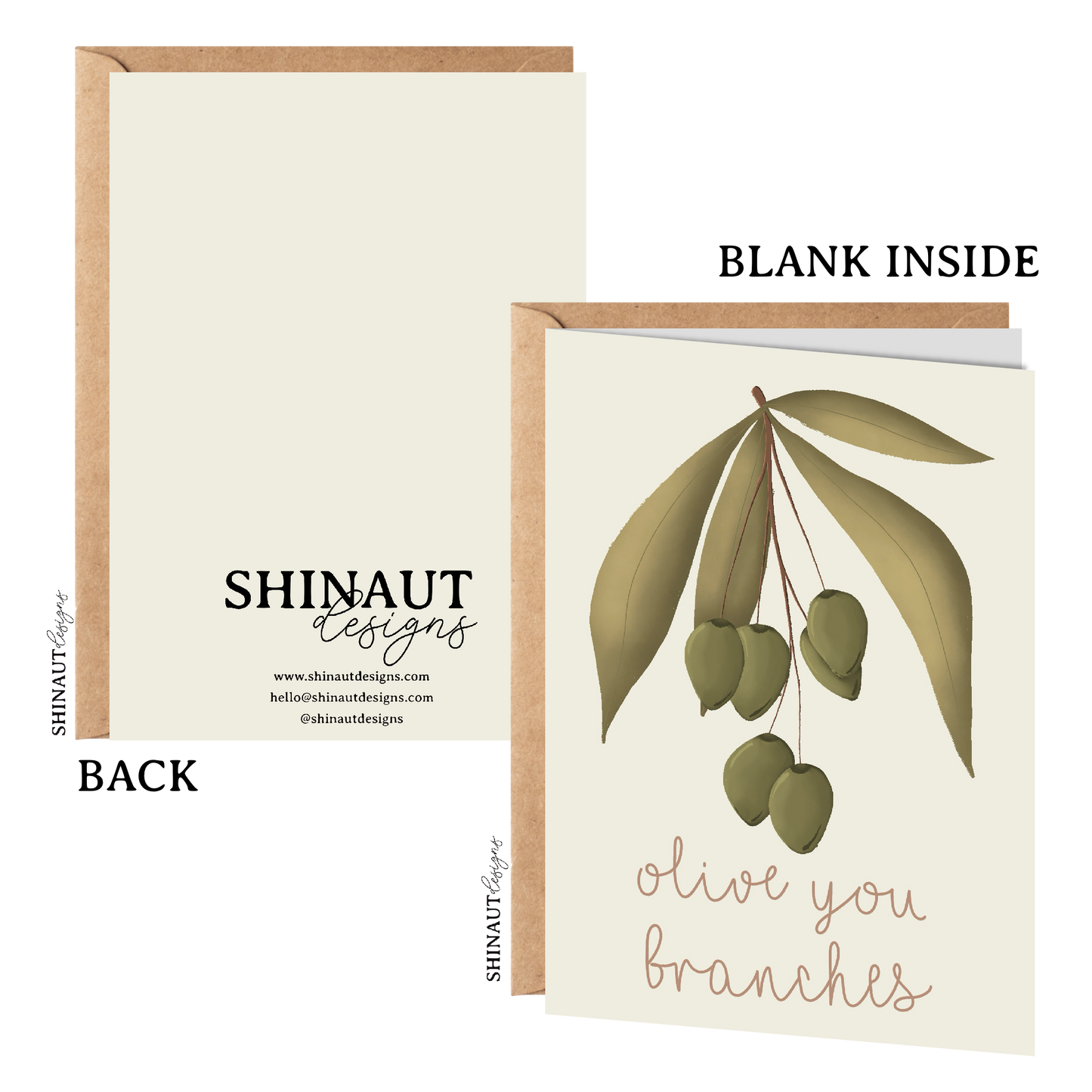 olive you greeting card with kraft envelope showing front, inside and back of card