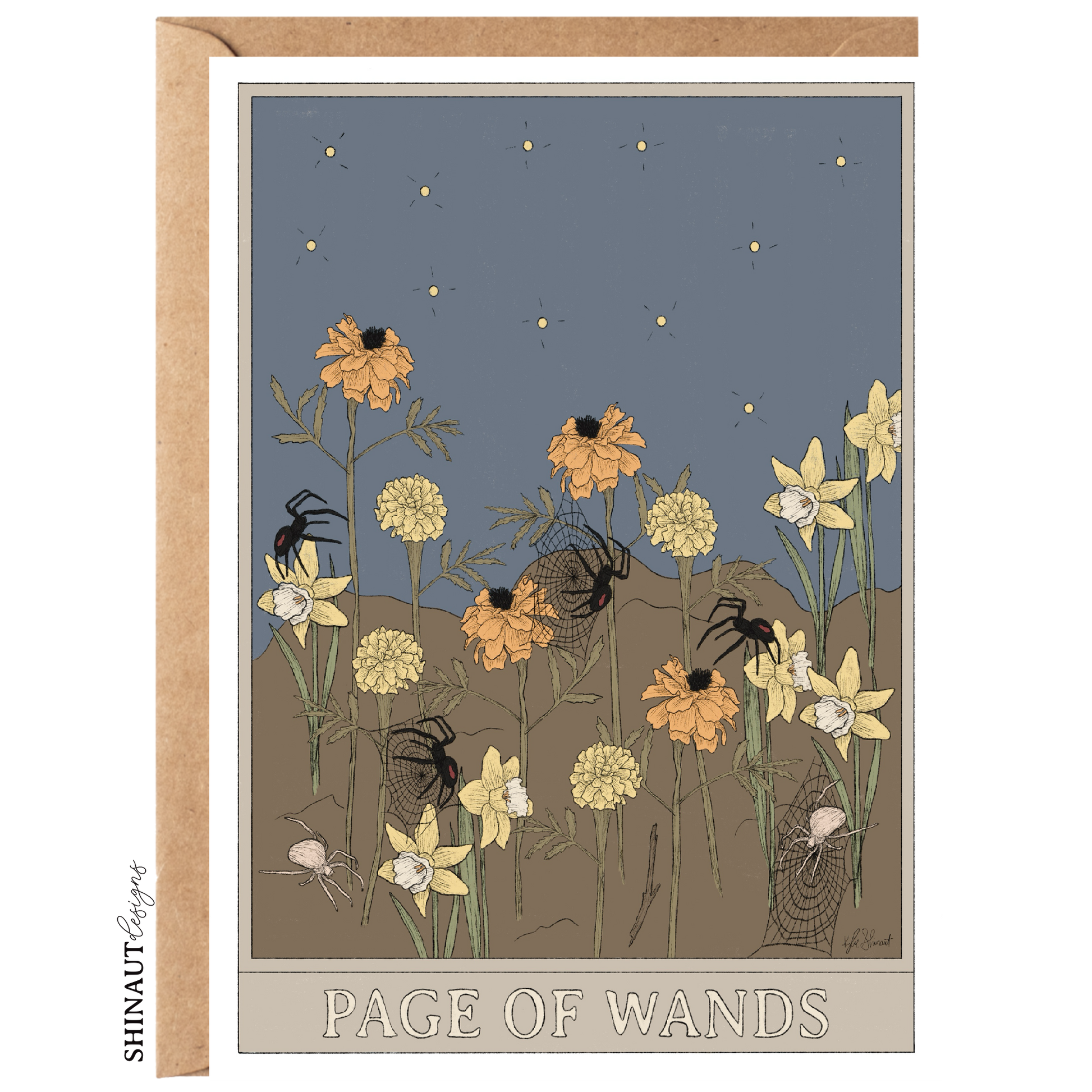 page of wands tarot greeting card with kraft envelope