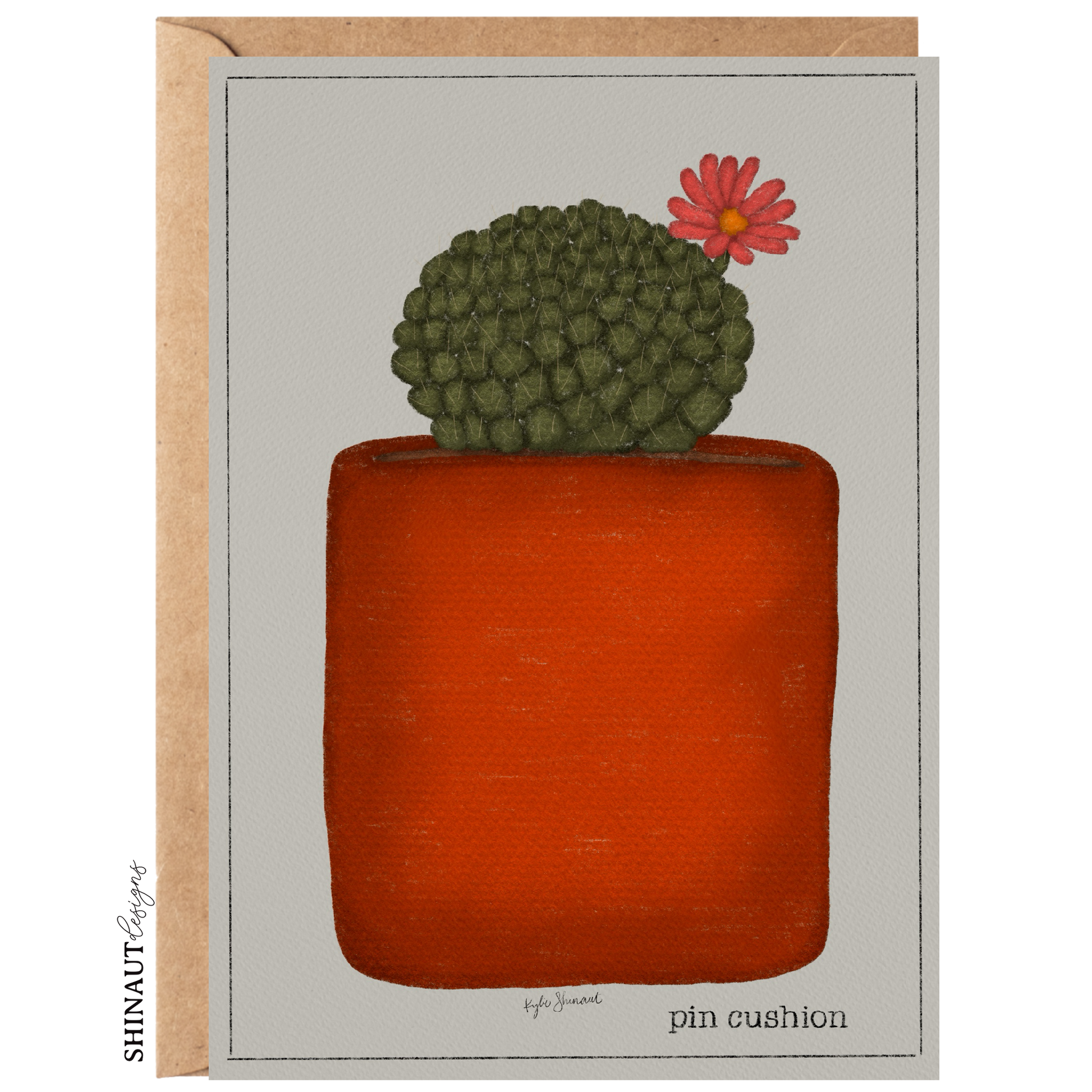 pin cushion cactus greeting card with kraft envelope