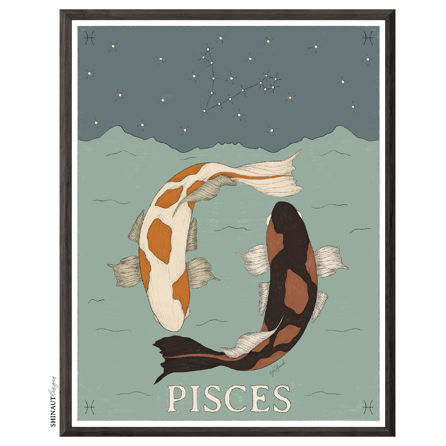 pisces zodiac art print in black picture frame