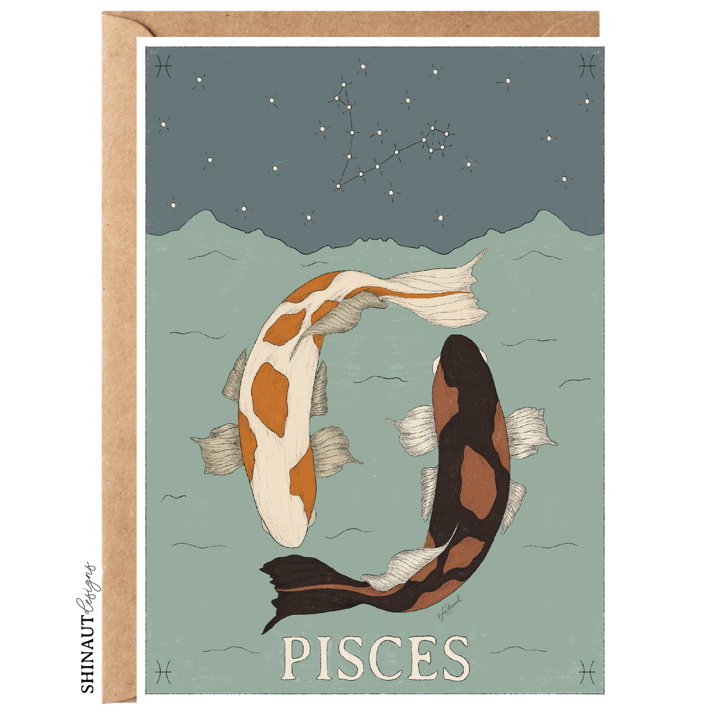 pisces zodiac greeting card with kraft envelope