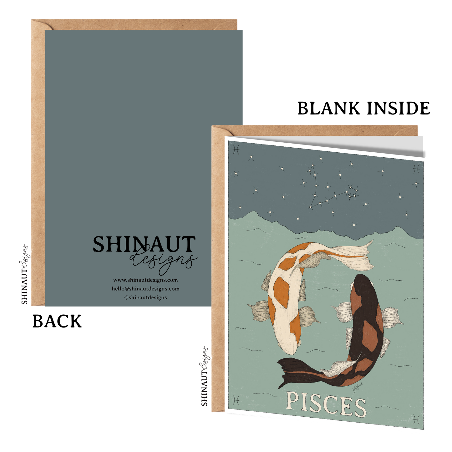 pisces zodiac greeting card with kraft envelope showing front, inside and back of card