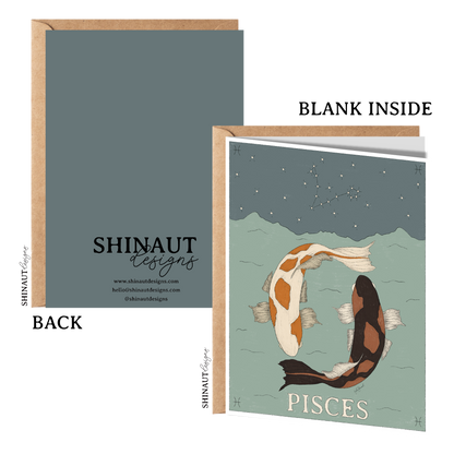 pisces zodiac greeting card with kraft envelope showing front, inside and back of card