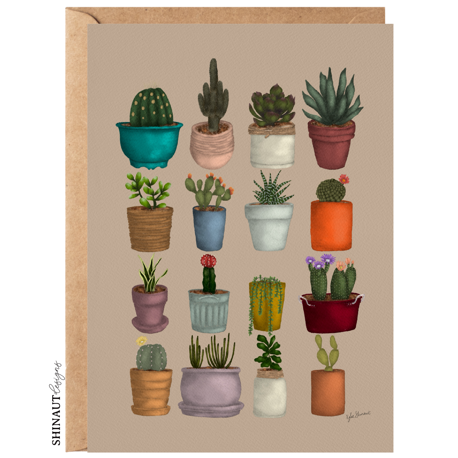 potted cacti and succulents greeting card with kraft envelope