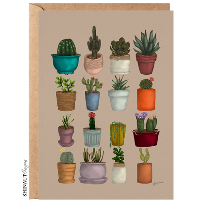 potted cacti and succulents greeting card with kraft envelope