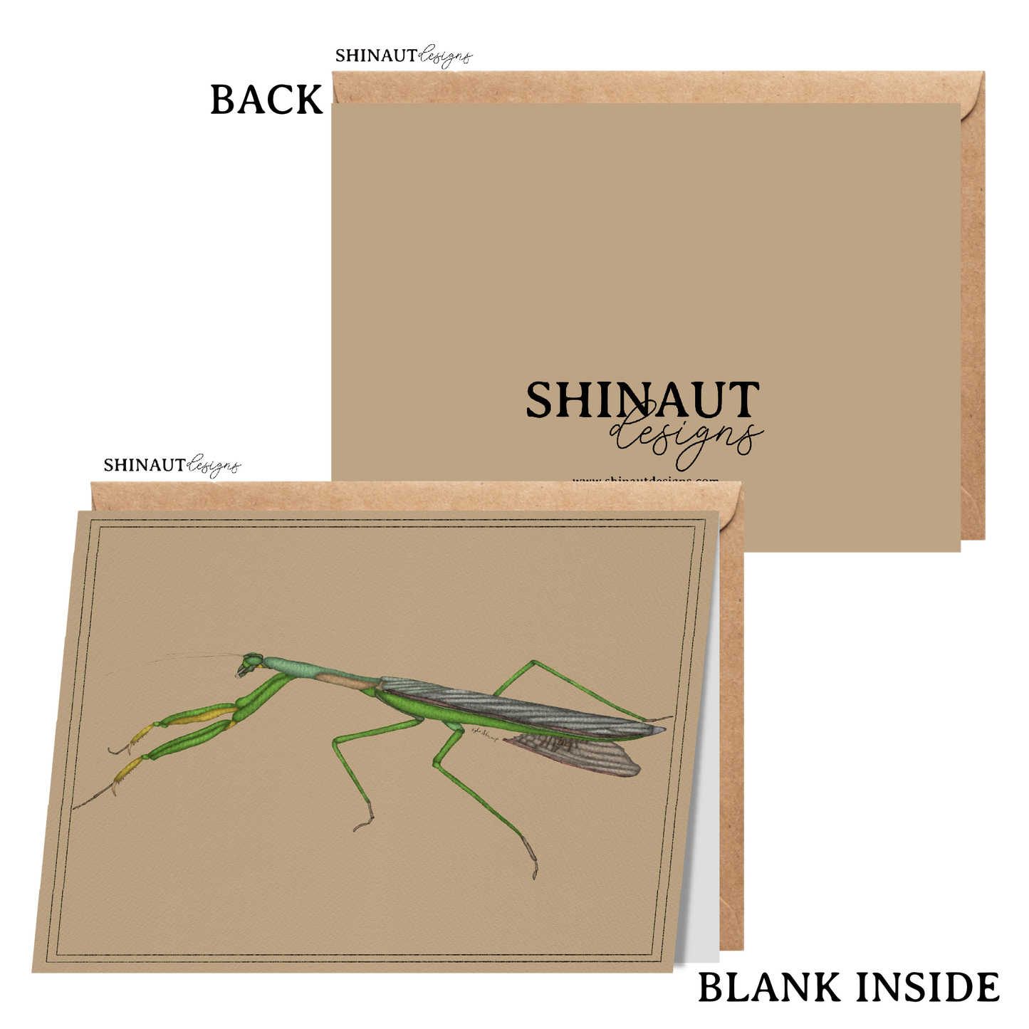 praying mantis greeting card with kraft envelope showing front, inside and back of card