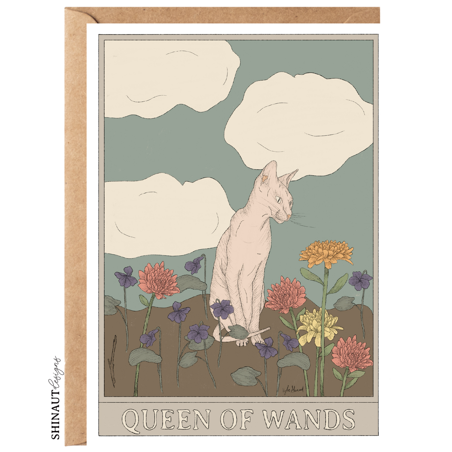 queen of wands tarot greeting card with kraft envelope