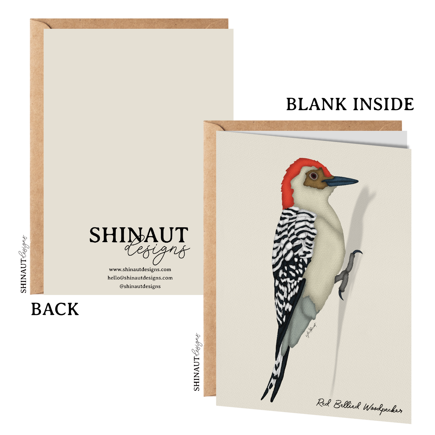 red bellied woodpecker greeting card with kraft envelope showing front, inside and back of card