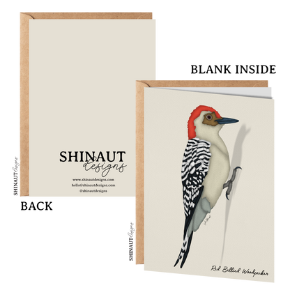 red bellied woodpecker greeting card with kraft envelope showing front, inside and back of card