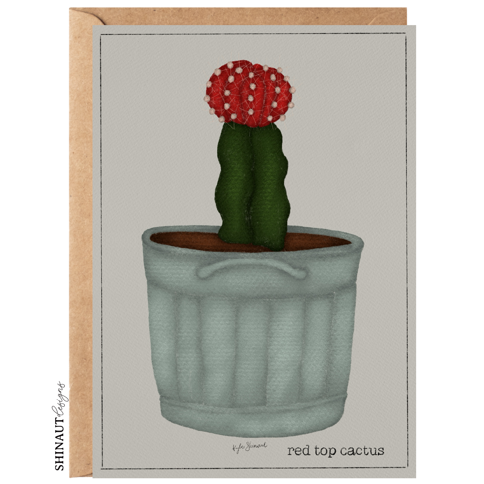 red top cactus greeting card with kraft envelope