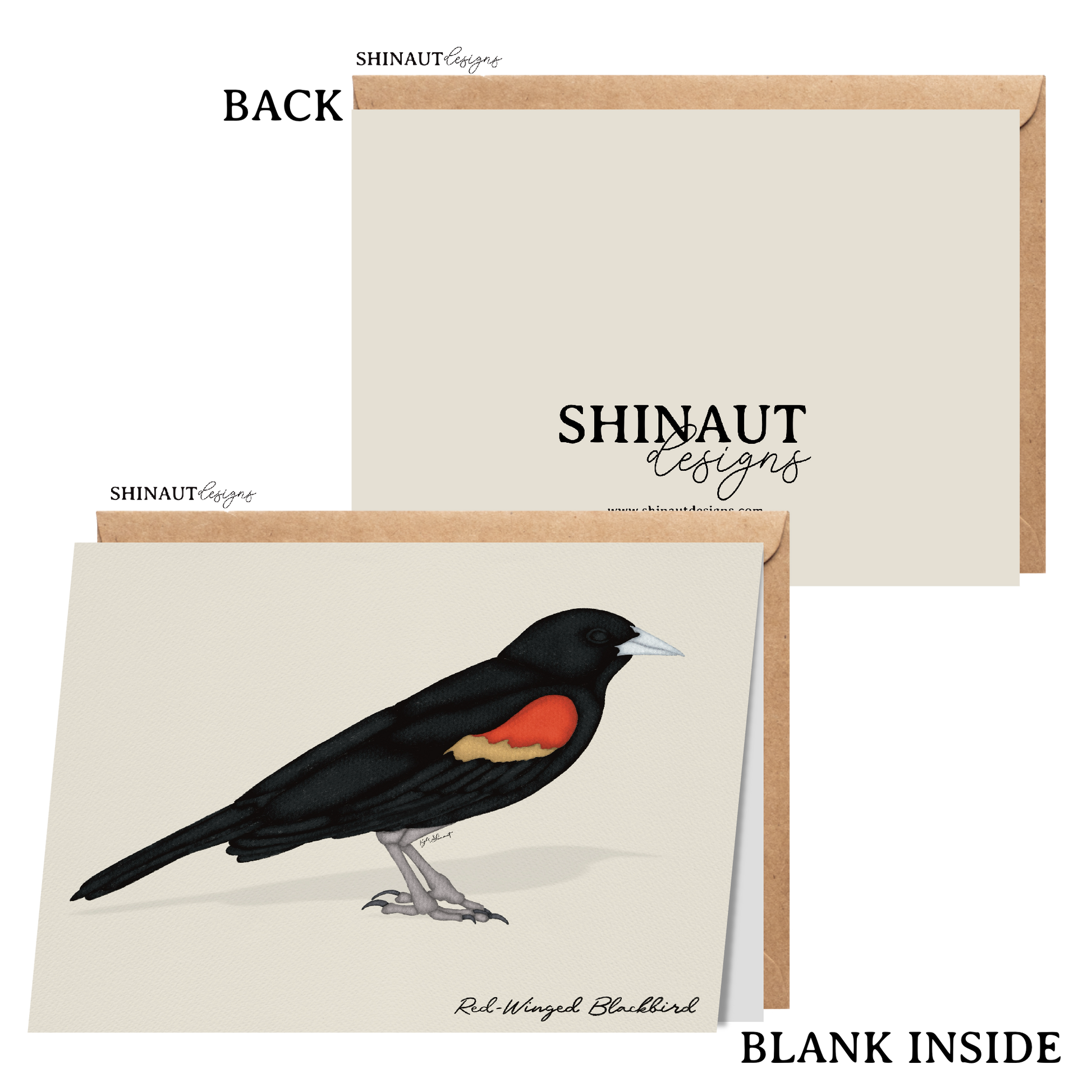 red winged blackbird greeting card with kraft envelope showing front, inside and back of card