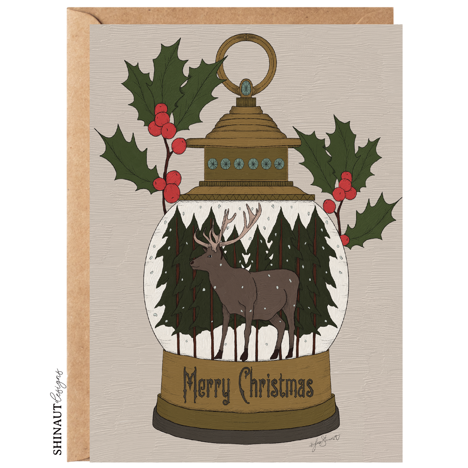 reindeer snowglobe greeting card with kraft envelope