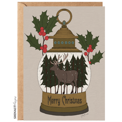 reindeer snowglobe greeting card with kraft envelope