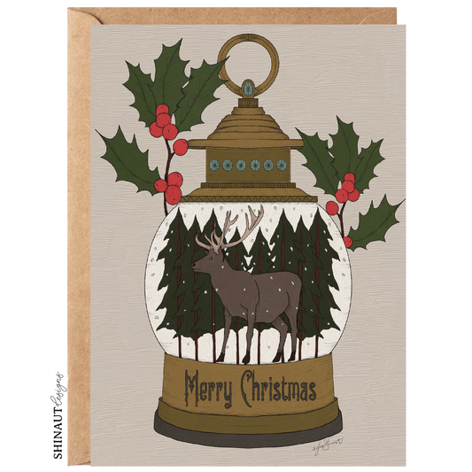 reindeer snowglobe greeting card with kraft envelope