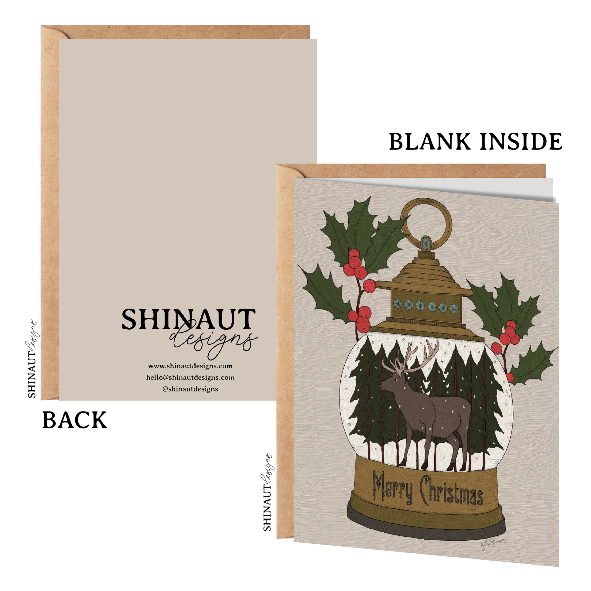 reindeer snowglobe greeting card with kraft envelope showing front, inside and back of card