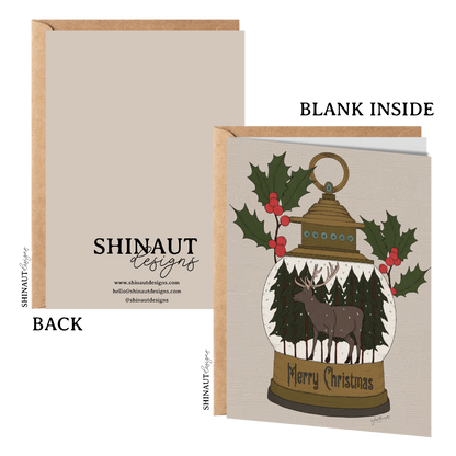 reindeer snowglobe greeting card with kraft envelope showing front, inside and back of card