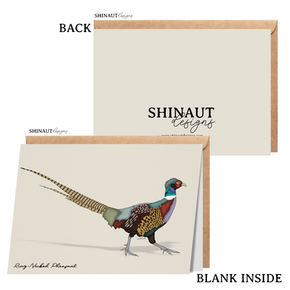 ring necked pheasant greeting card with kraft envelope showing front, inside and back of card