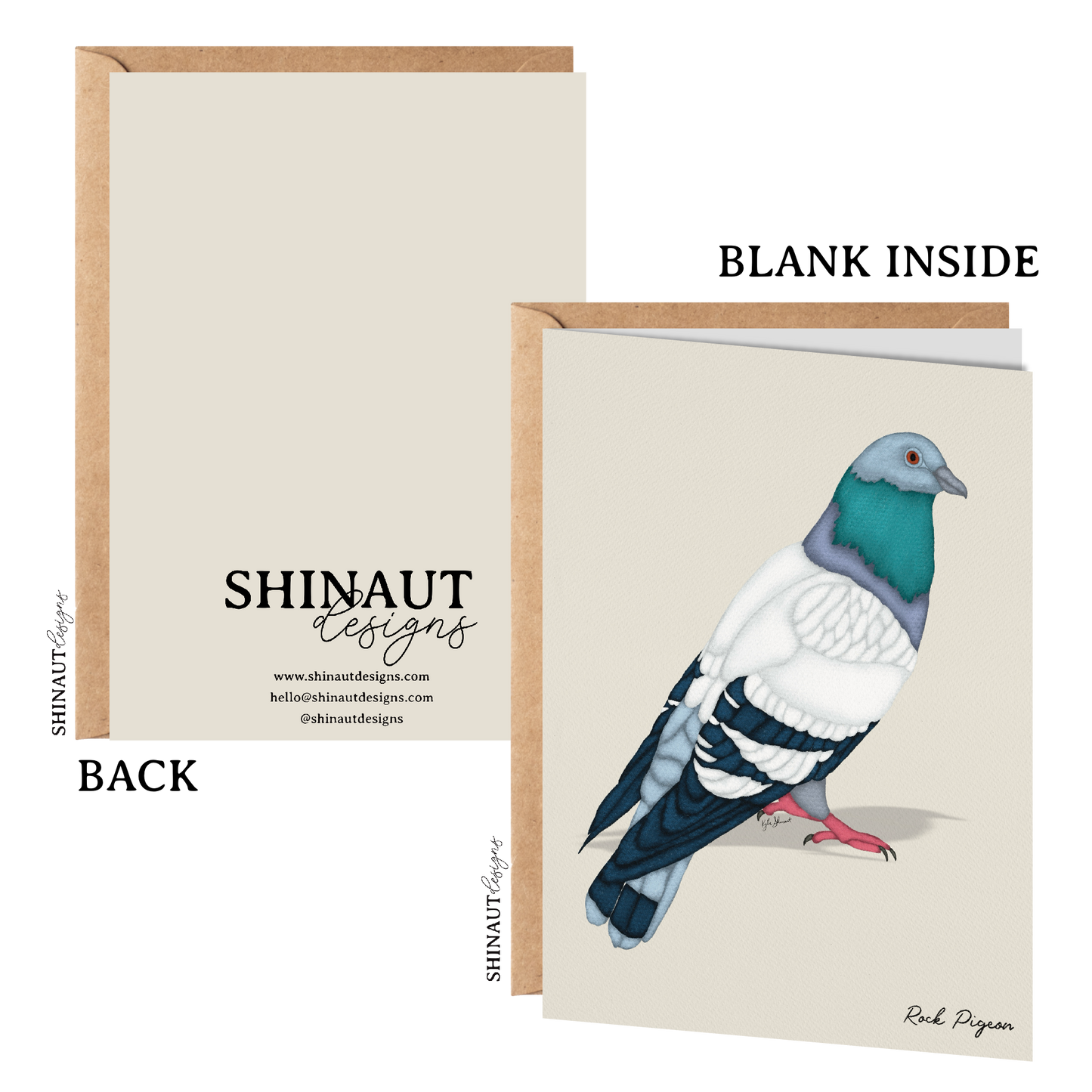 rock pigeon greeting card with kraft envelope showing front, inside and back of card