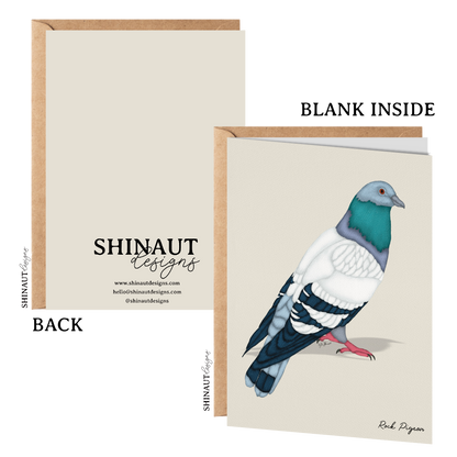 rock pigeon greeting card with kraft envelope showing front, inside and back of card