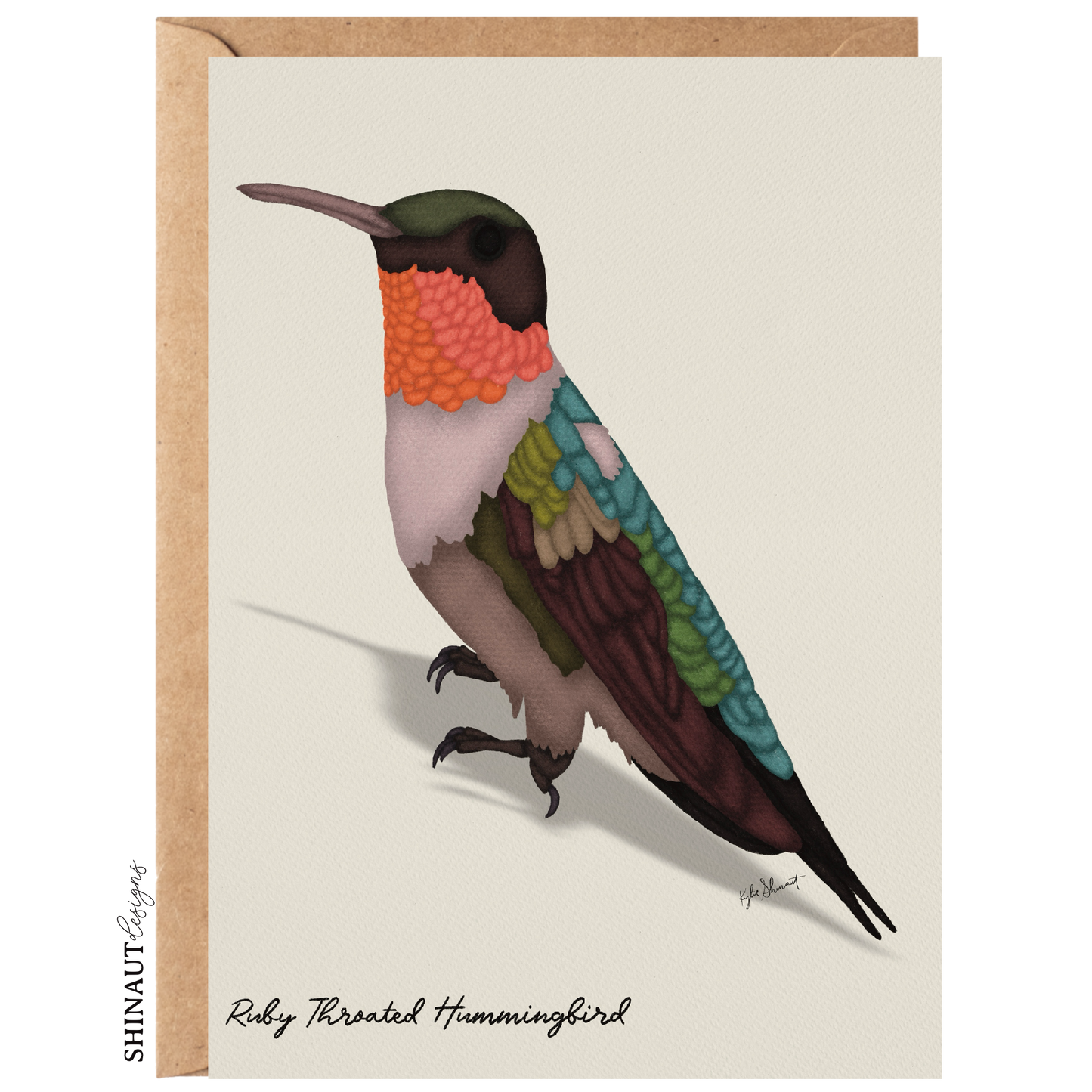 ruby throated hummingbird greeting card with kraft envelope