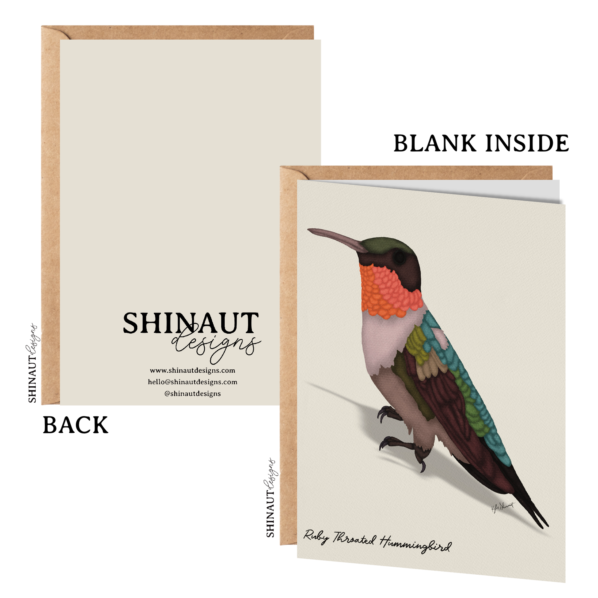 ruby throated hummingbird greeting card with kraft envelope showing front, inside and back of card