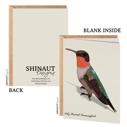 ruby throated hummingbird greeting card with kraft envelope showing front, inside and back of card