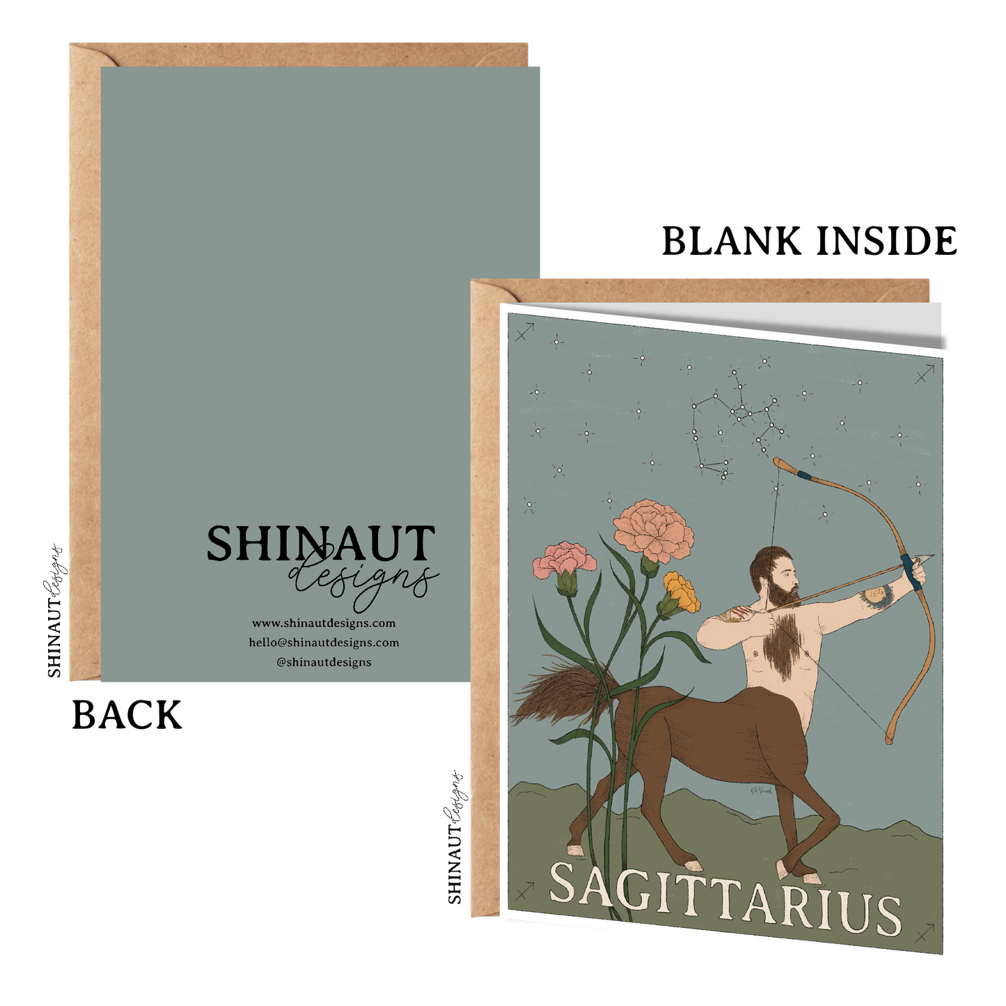 sagittarius zodiac greeting card with kraft envelope showing front, inside and back of card