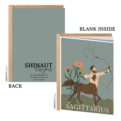 sagittarius zodiac greeting card with kraft envelope showing front, inside and back of card