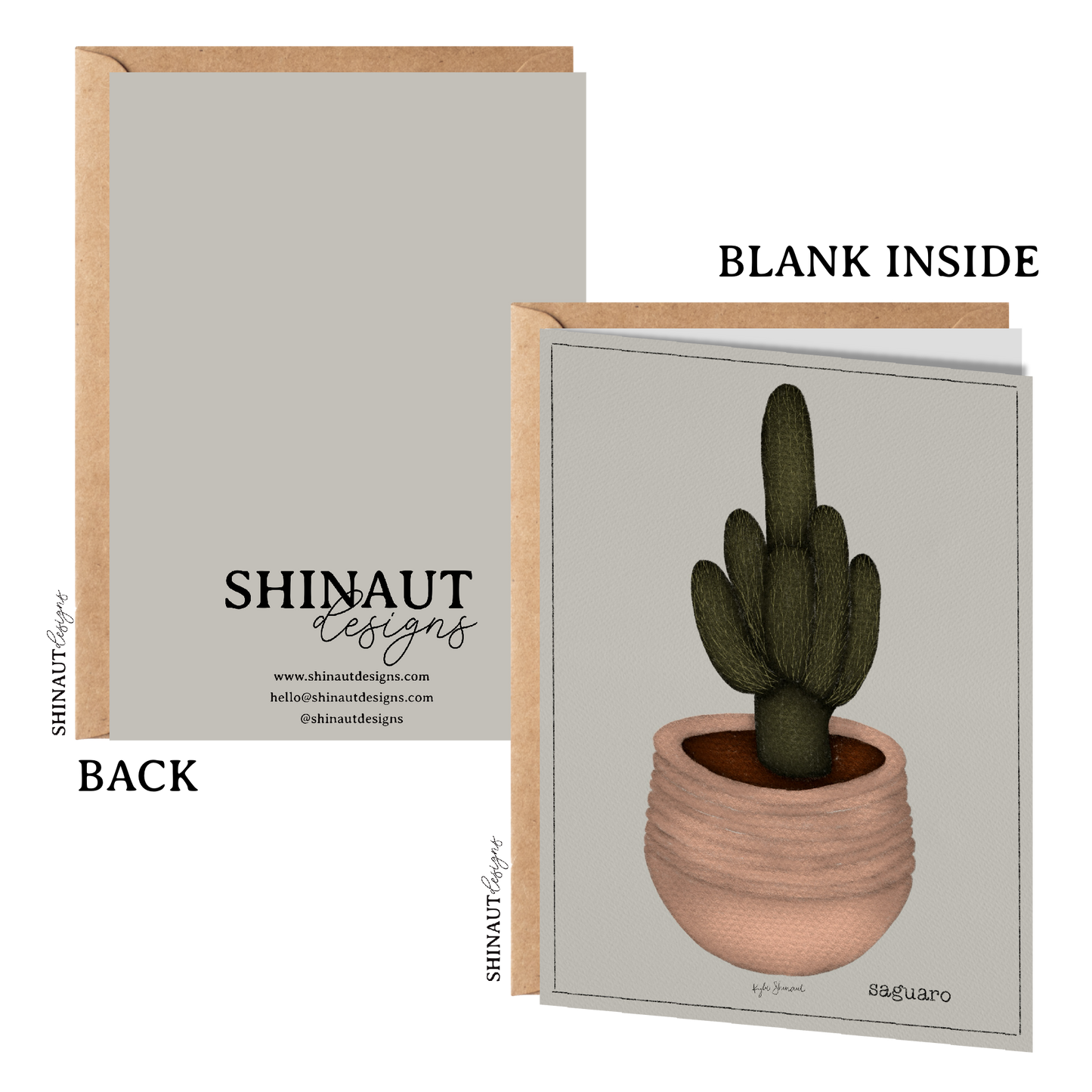 saguaro cactus greeting card with kraft envelope showing front, inside and back of card